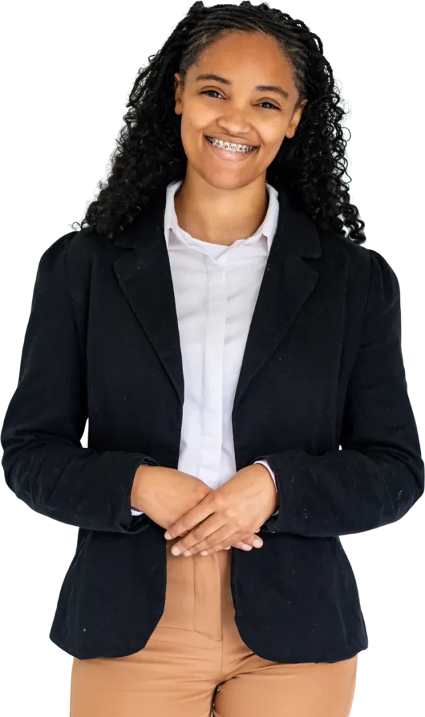 A confident young professional in a black blazer